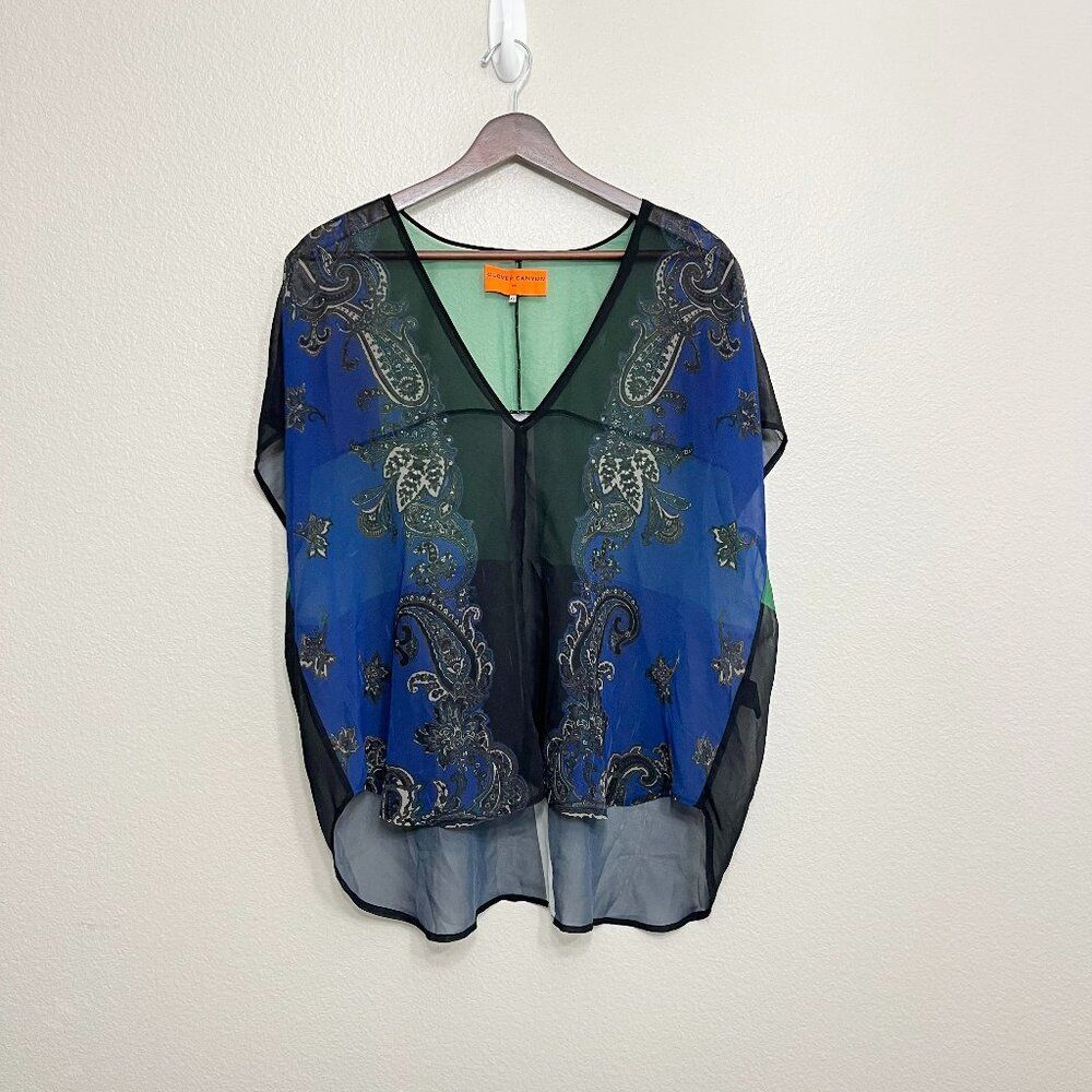 Clover Canyon Sheer Top Size XS Women's Blue Green Paisley Print *Flaw